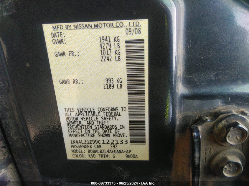 2009 Nissan Altima 2.5/2.5S VIN: 1N4AL21E99C122133 Lot: 39733375