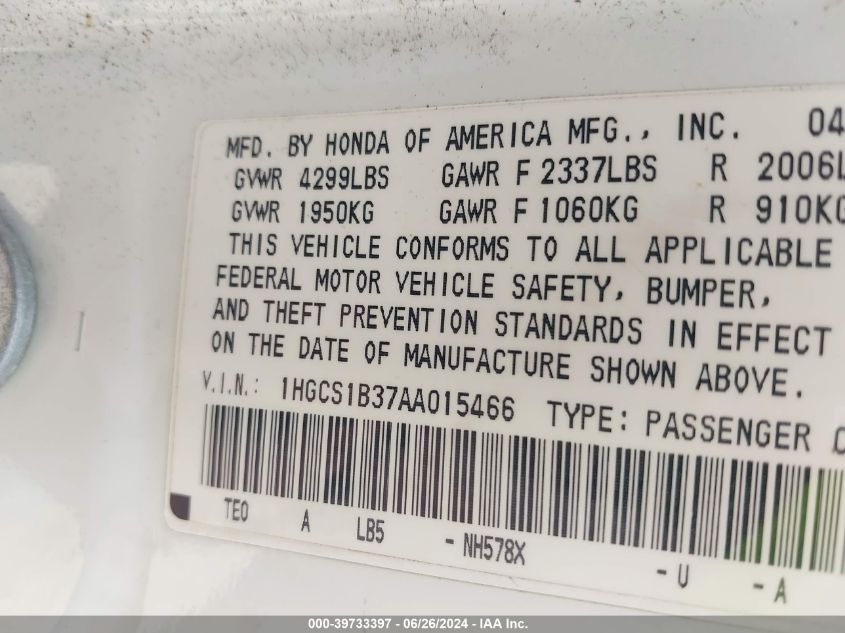 2010 Honda Accord 2.4 Lx-S VIN: 1HGCS1B37AA015466 Lot: 39733397
