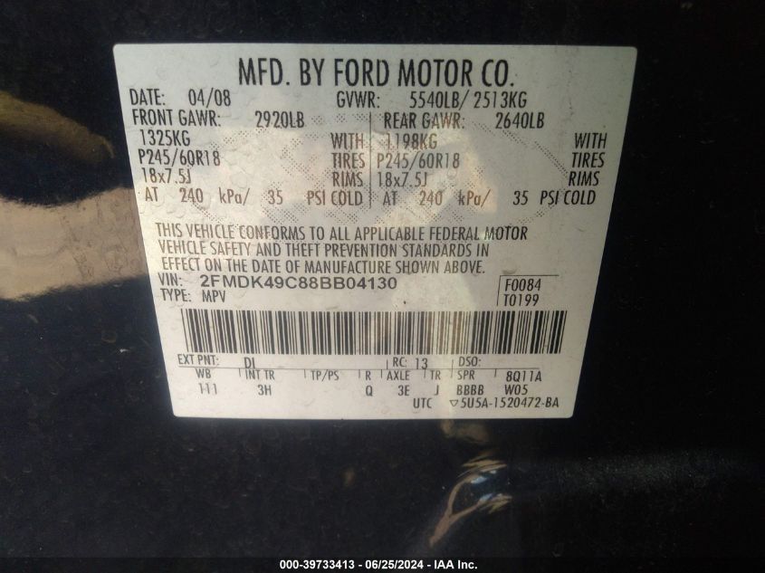 2008 Ford Edge Limited VIN: 2FMDK49C88BB04130 Lot: 39733413