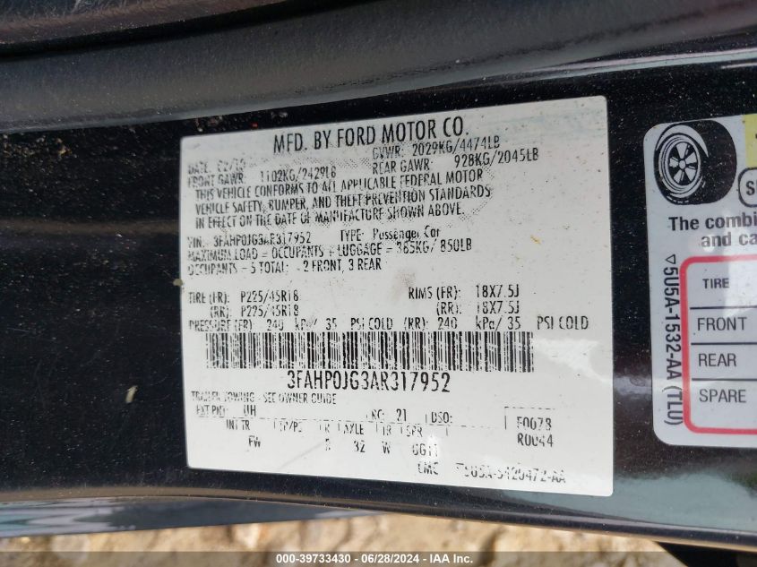 2010 Ford Fusion Sel VIN: 3FAHP0JG3AR317952 Lot: 39733430