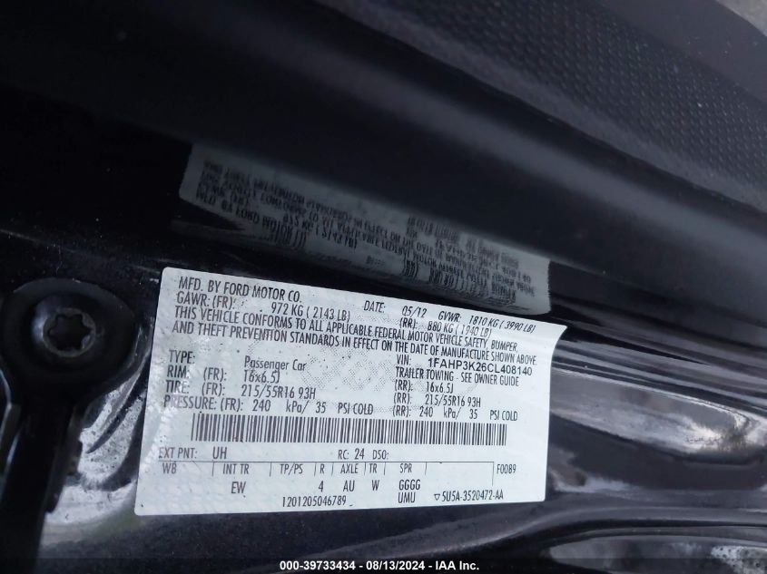 2012 Ford Focus Se VIN: 1FAHP3K26CL408140 Lot: 39733434