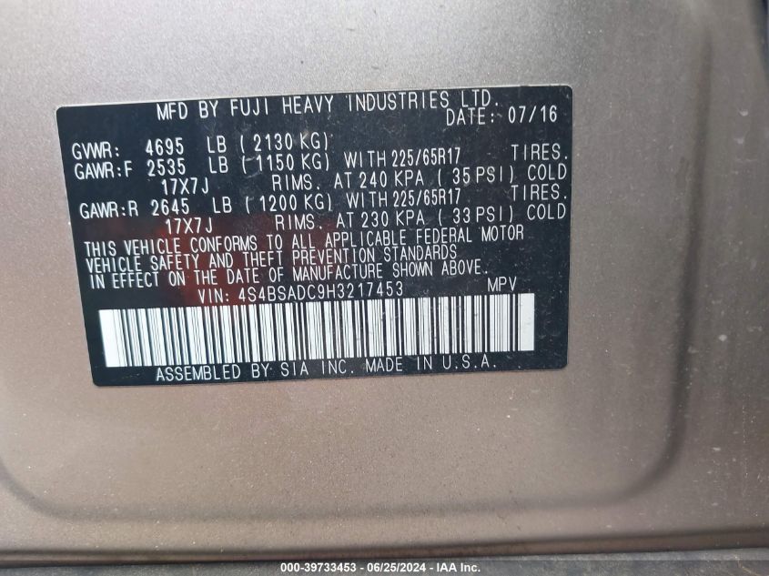 2017 Subaru Outback 2.5I Premium VIN: 4S4BSADC9H3217453 Lot: 39733453