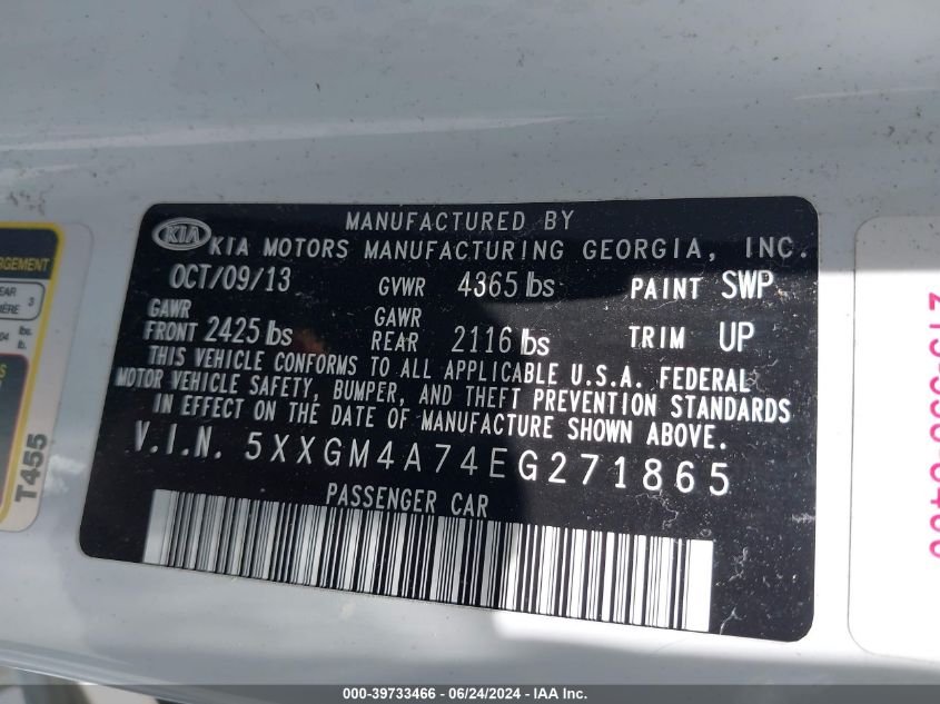 5XXGM4A74EG271865 | 2014 KIA OPTIMA