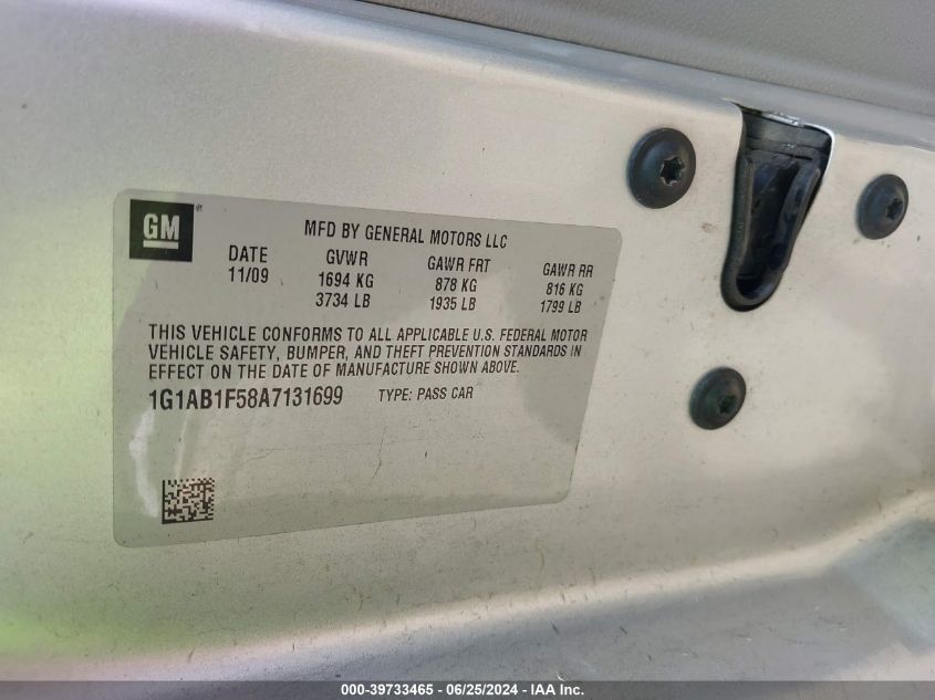 2010 Chevrolet Cobalt Ls VIN: 1G1AB1F58A7131699 Lot: 39733465