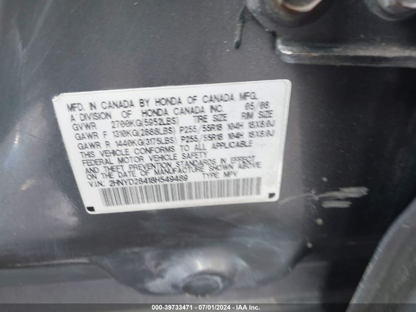 2008 Acura Mdx Technology Package VIN: 2HNYD28418H549489 Lot: 39733471