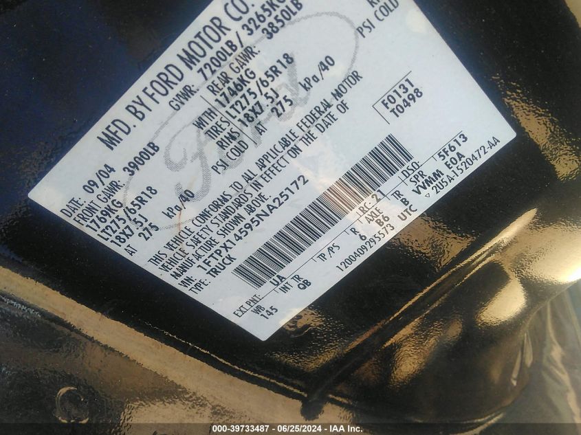 2005 Ford F150 VIN: 1FTPX14595NA25172 Lot: 39733487