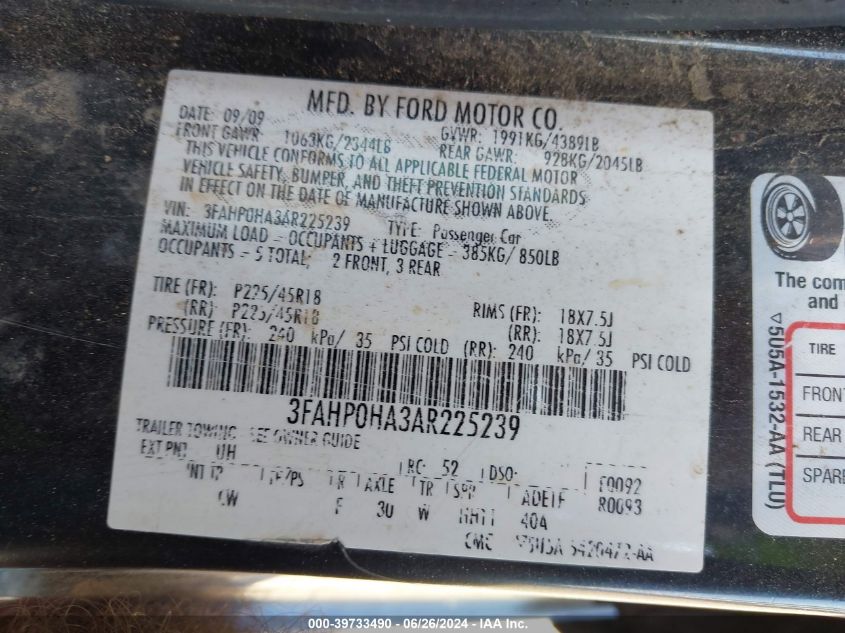 2010 Ford Fusion Se VIN: 3FAHP0HA3AR225239 Lot: 39733490