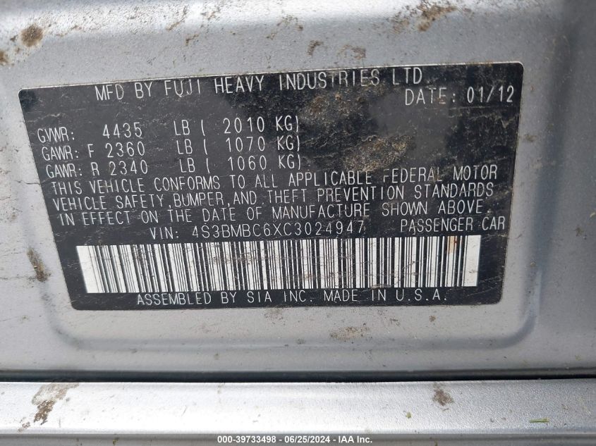 2012 Subaru Legacy 2.5I Premium VIN: 4S3BMBC6XC3024947 Lot: 39733498