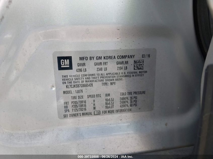 2016 Chevrolet Trax Ls VIN: KL7CJKSB7GB665428 Lot: 39733505