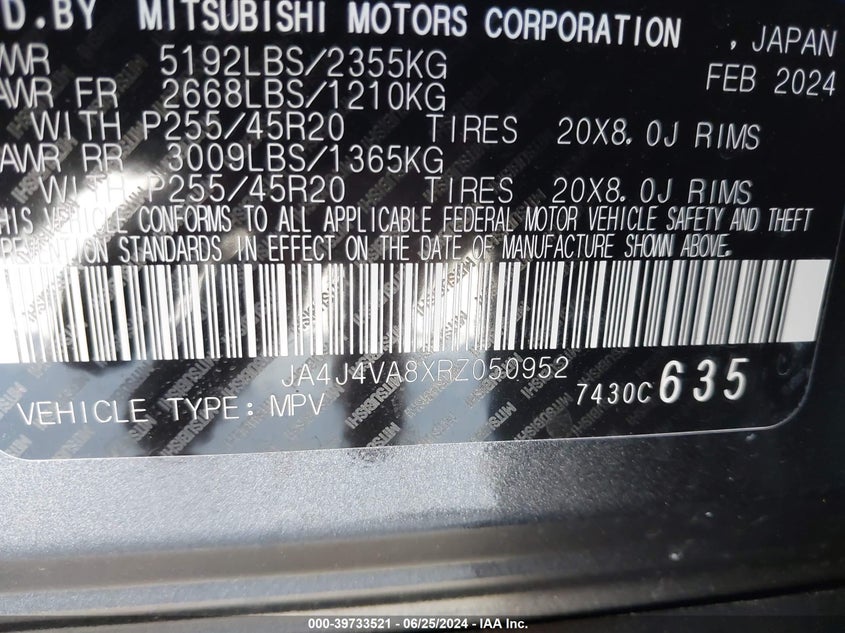 2024 Mitsubishi Outlander Se/Black Edition/Ralliart VIN: JA4J4VA8XRZ050952 Lot: 39733521