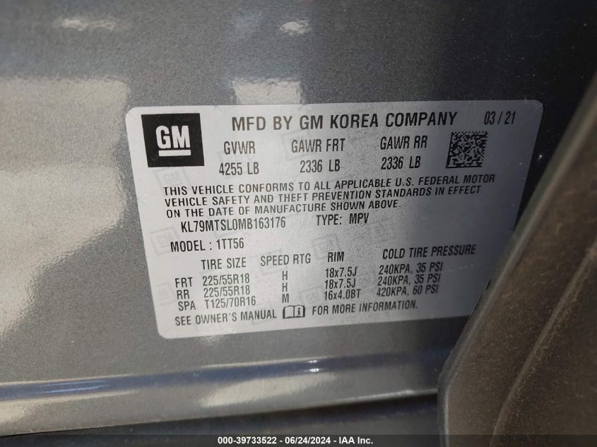 2021 Chevrolet Trailblazer Fwd Rs VIN: KL79MTSL0MB163176 Lot: 39733522