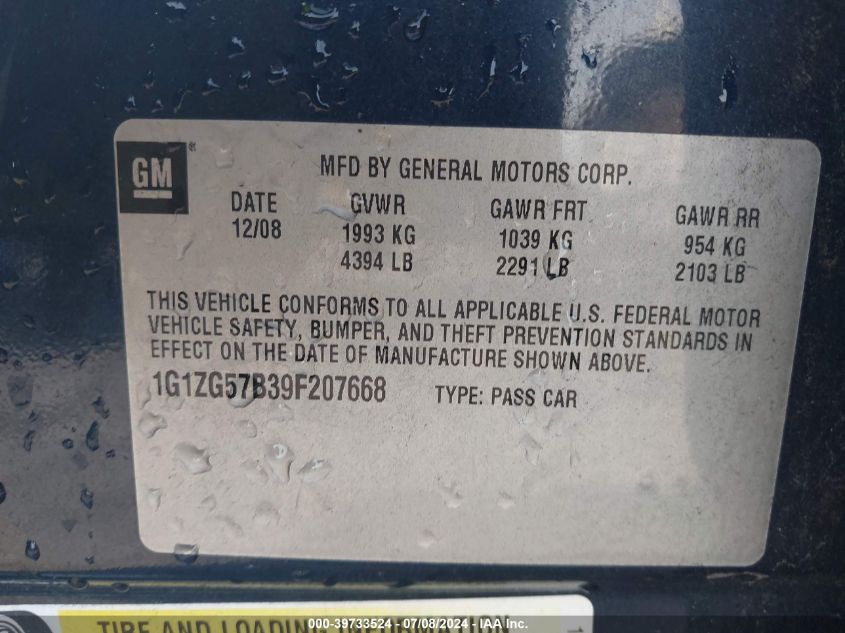 2009 Chevrolet Malibu Ls VIN: 1G1ZG57B39F207668 Lot: 39733524