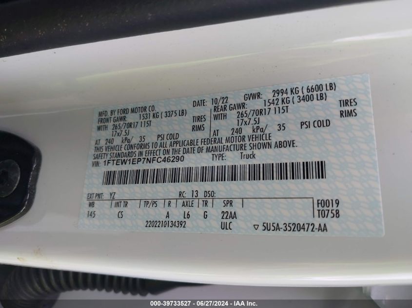 2022 Ford F-150 Xl VIN: 1FTEW1EP7NFC46290 Lot: 39733527