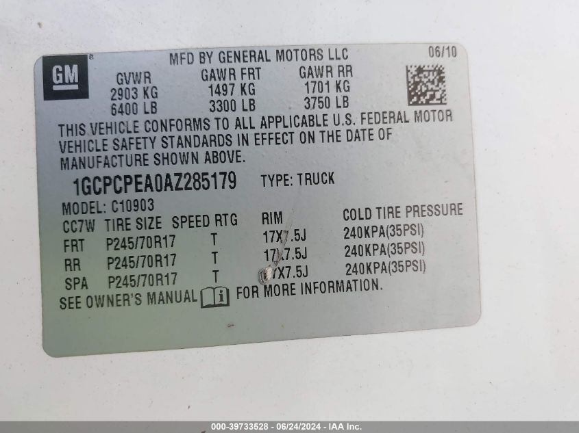 2010 Chevrolet Silverado 1500 Work Truck VIN: 1GCPCPEA0AZ285179 Lot: 39733528