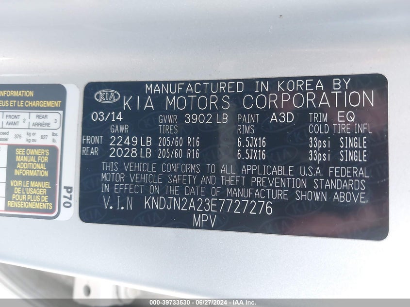 2014 Kia Soul VIN: KNDJN2A23E7727276 Lot: 39733530