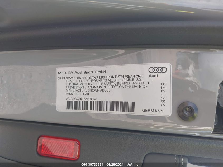 2024 Audi Rs 5 Sportback Tfsi Quattro Tiptronic VIN: WUAAWCF51RA900052 Lot: 39733534