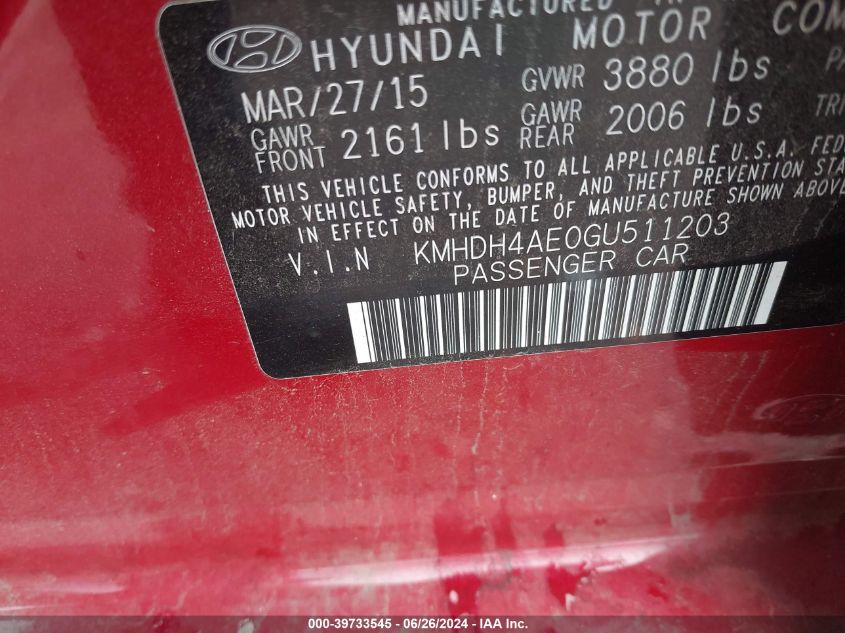 KMHDH4AE0GU511203 2016 Hyundai Elantra Se