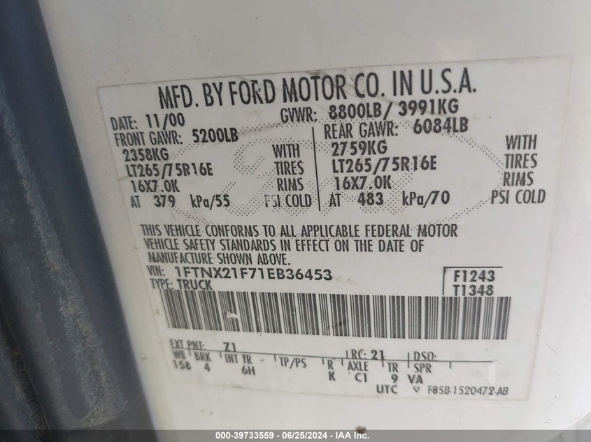 2001 Ford F-250 VIN: 1FTNX21F71EB36453 Lot: 39733559
