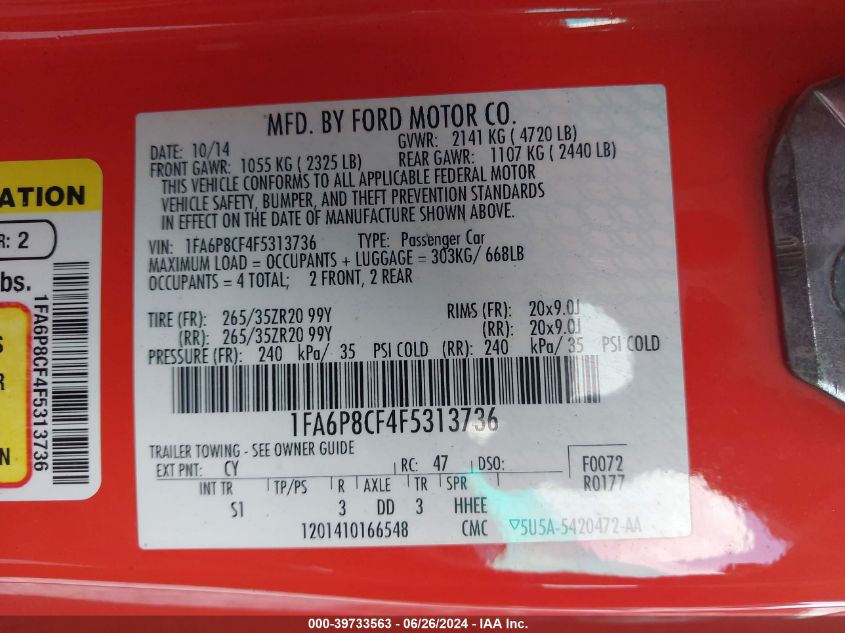 2015 Ford Mustang Gt VIN: 1FA6P8CF4F5313736 Lot: 39733563