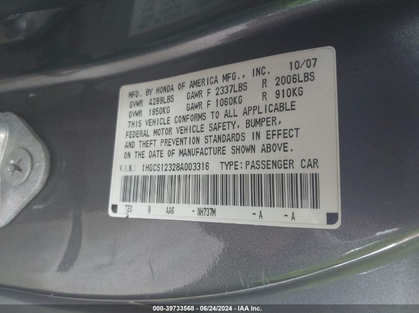 1HGCS12328A003316 | 2008 HONDA ACCORD