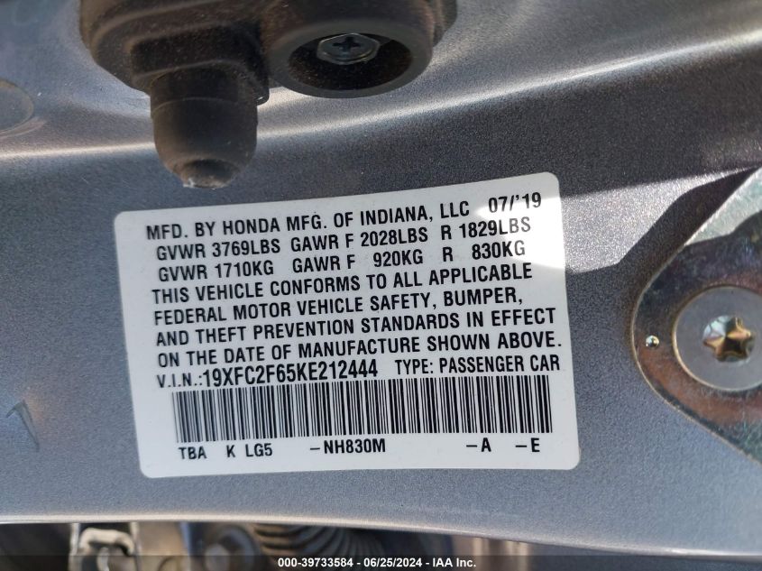 2019 Honda Civic Lx VIN: 19XFC2F65KE212444 Lot: 39733584