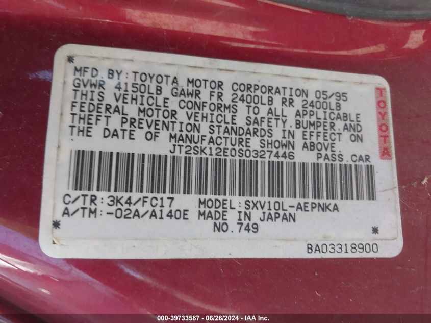 1995 Toyota Camry Le VIN: JT2SK12E0S0327446 Lot: 39733587