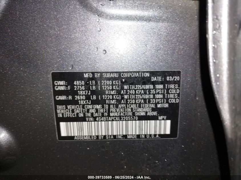 2020 Subaru Outback Touring VIN: 4S4BTAPC6L3205570 Lot: 39733589