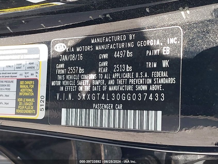 2016 Kia Optima Lx VIN: 5XXGT4L30GG037433 Lot: 39733592