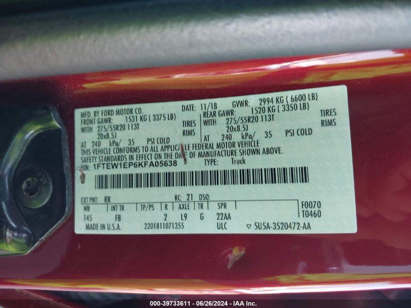 2019 Ford F-150 Xlt VIN: 1FTEW1EP6KFA05638 Lot: 39733611