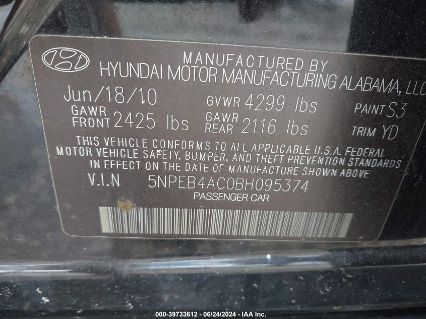 5NPEB4AC0BH095374 2011 Hyundai Sonata Gls