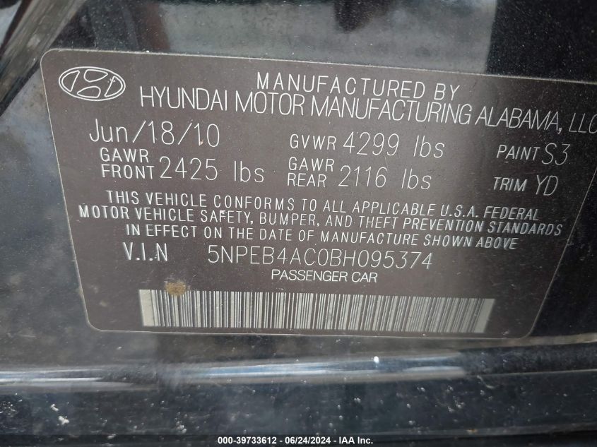 5NPEB4AC0BH095374 | 2011 HYUNDAI SONATA