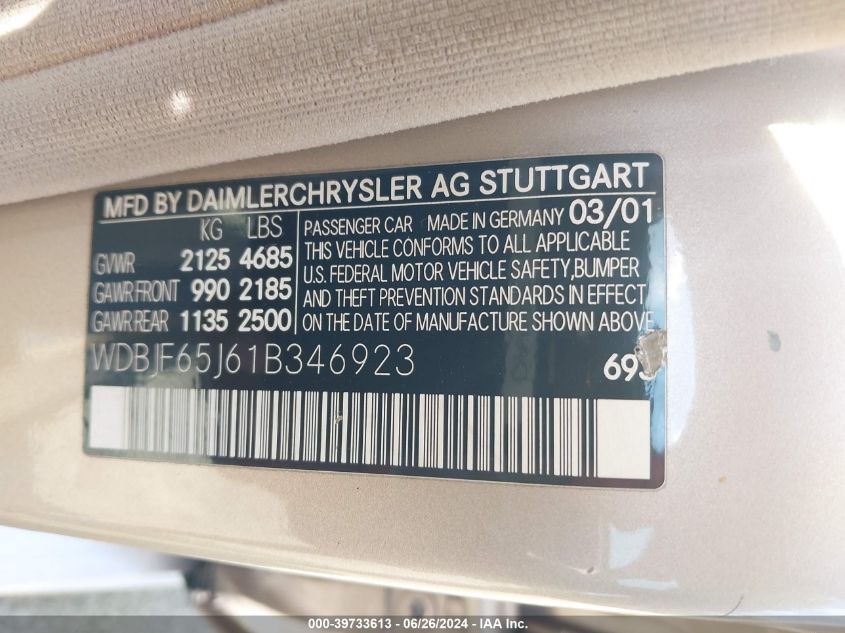 2001 Mercedes-Benz E 320 VIN: WDBJF65J61B346923 Lot: 39733613