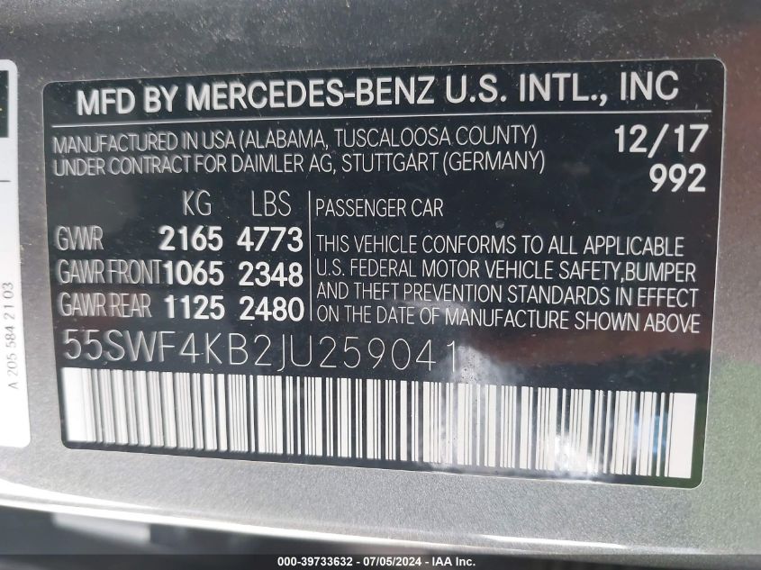 2018 Mercedes-Benz C 300 4Matic VIN: 55SWF4KB2JU259041 Lot: 39733632