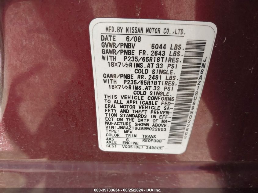 2009 Nissan Murano S/Sl VIN: JN8AZ18U99W022603 Lot: 39733634