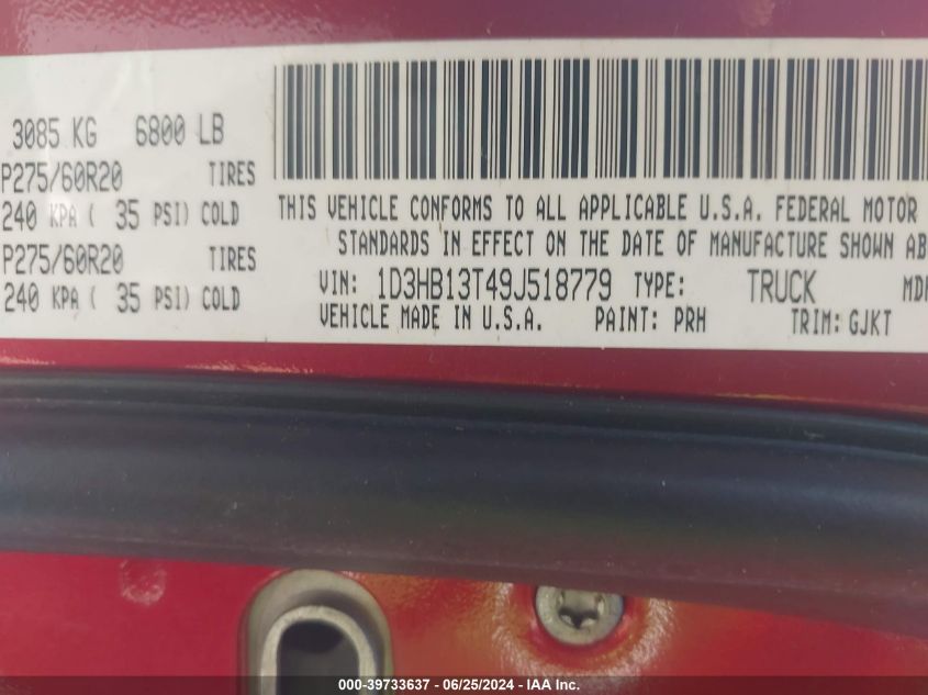 2009 Dodge Ram 1500 Laramie VIN: 1D3HB13T49J518779 Lot: 39733637