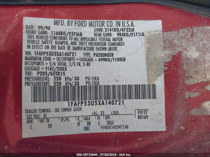 1999 Ford Taurus Se/Se-Ne VIN: 1FAFP53U5XA140721 Lot: 39733640