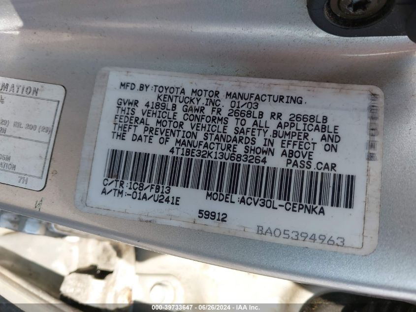 2003 Toyota Camry Le VIN: 4T1BE32K13U683264 Lot: 39733647