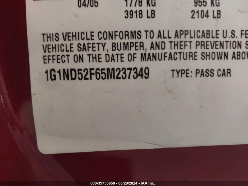 2005 Chevrolet Classic VIN: 1G1ND52F65M237349 Lot: 39733650