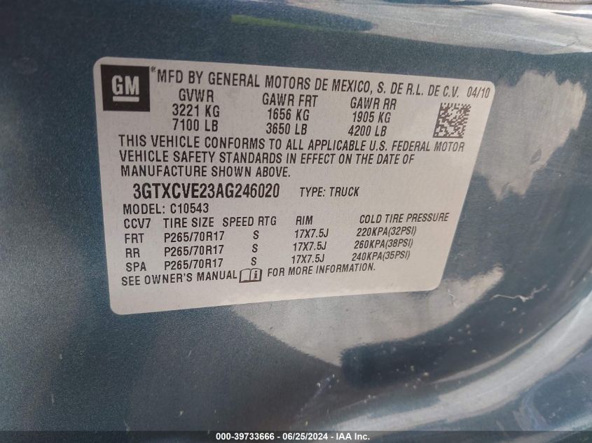 2010 GMC Sierra 1500 Sle VIN: 3GTXCVE23AG246020 Lot: 39733666