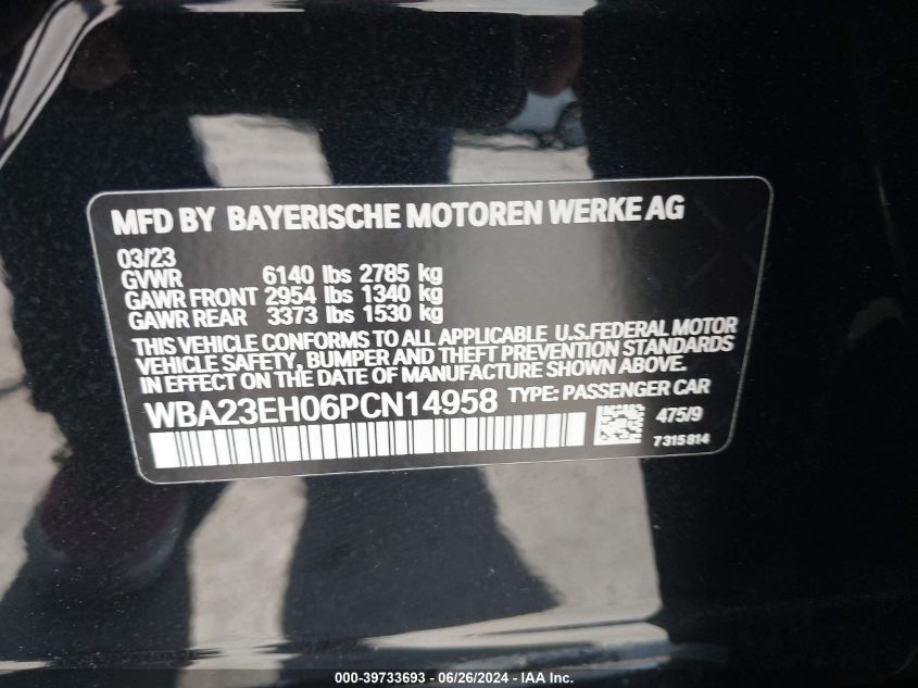 2023 BMW 740 I VIN: WBA23EH06PCN14958 Lot: 39733693