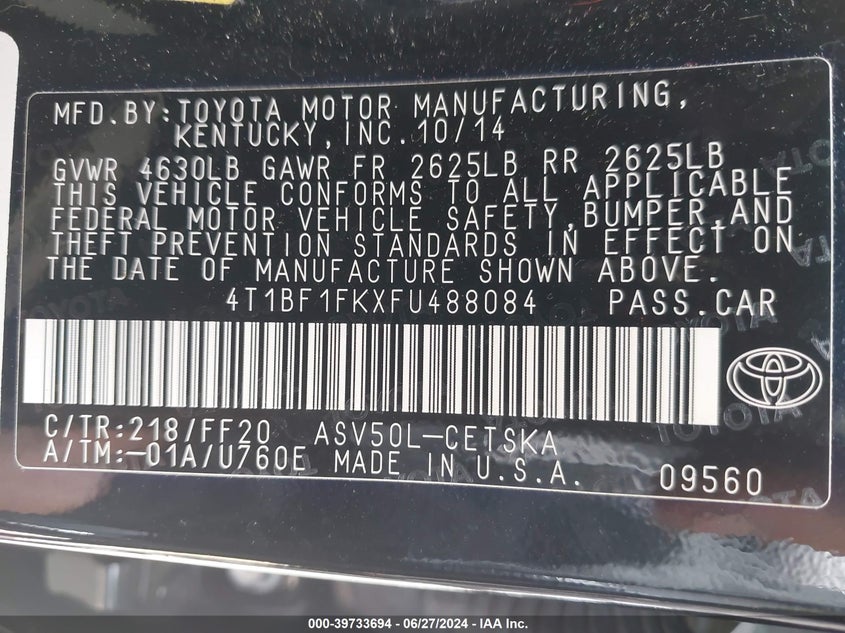 2015 Toyota Camry Se VIN: 4T1BF1FKXFU488084 Lot: 39733694