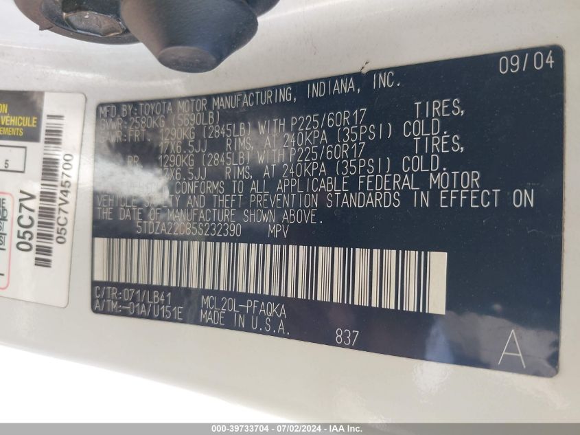 2005 Toyota Sienna Xle VIN: 5TDZA22C85S232390 Lot: 39733704