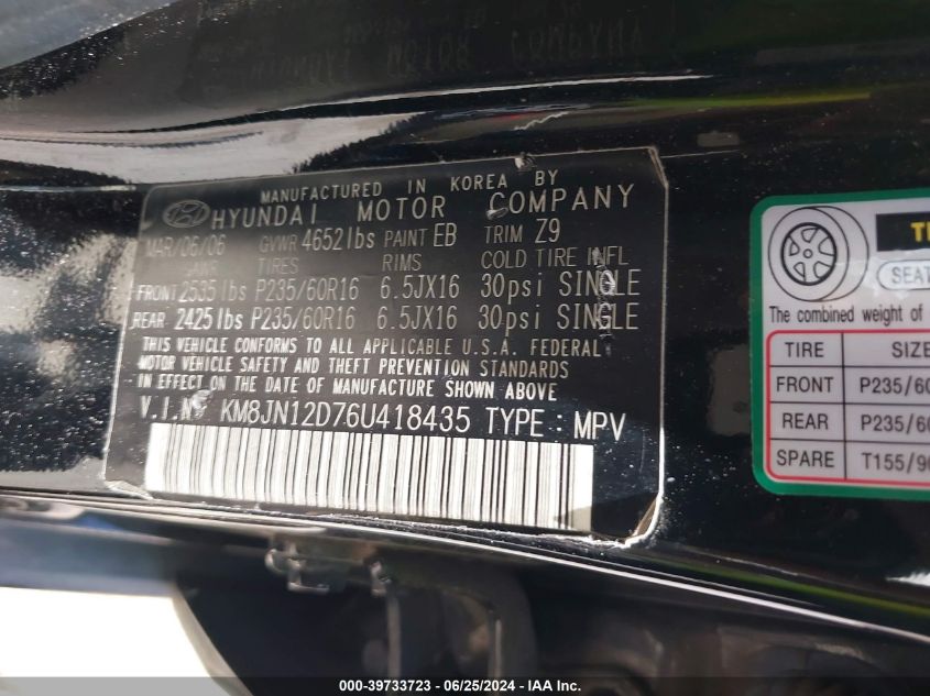 2006 Hyundai Tucson Gls/Limited VIN: KM8JN12D76U418435 Lot: 39733723