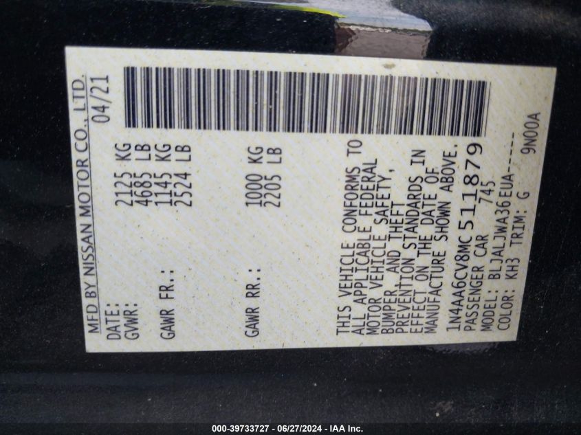 2021 Nissan Maxima Sv Xtronic Cvt VIN: 1N4AA6CV8MC511879 Lot: 39733727