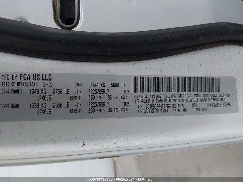 2015 Dodge Journey Sxt VIN: 3C4PDDBG4FT666293 Lot: 39733730