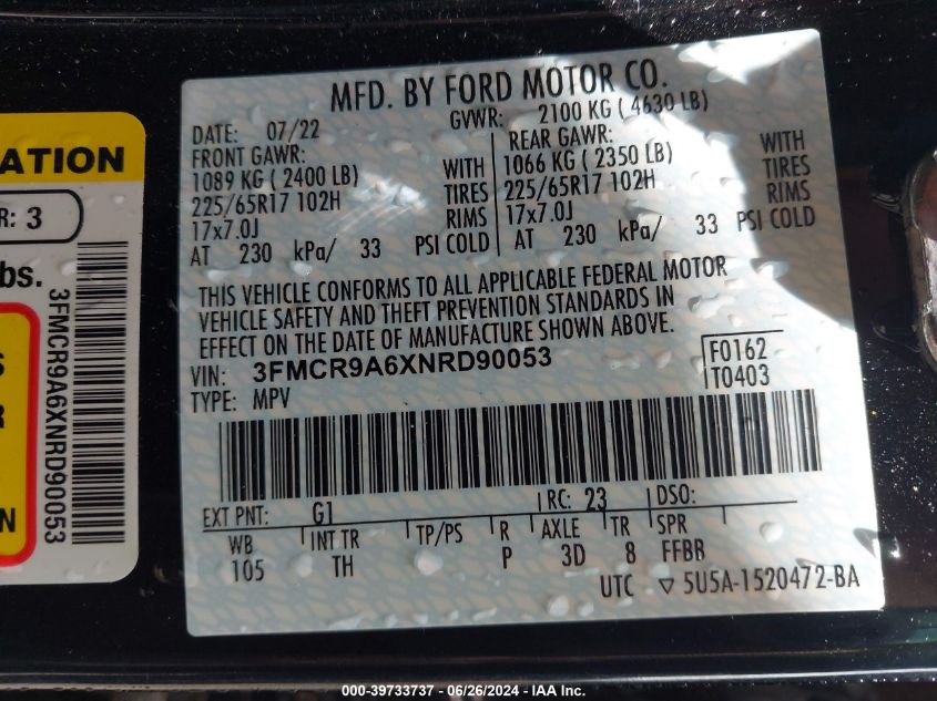 2022 Ford Bronco Sport VIN: 3FMCR9A6XNRD90053 Lot: 39733737