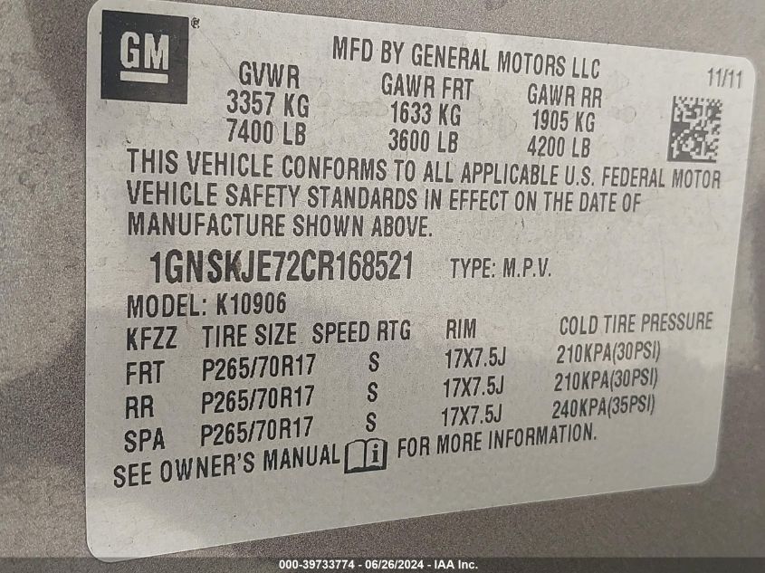 2012 Chevrolet Suburban 1500 Lt VIN: 1GNSKJE72CR168521 Lot: 39733774