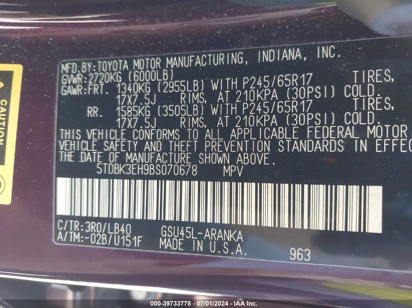 2011 Toyota Highlander Se V6 VIN: 5TDBK3EH9BS070678 Lot: 39733778