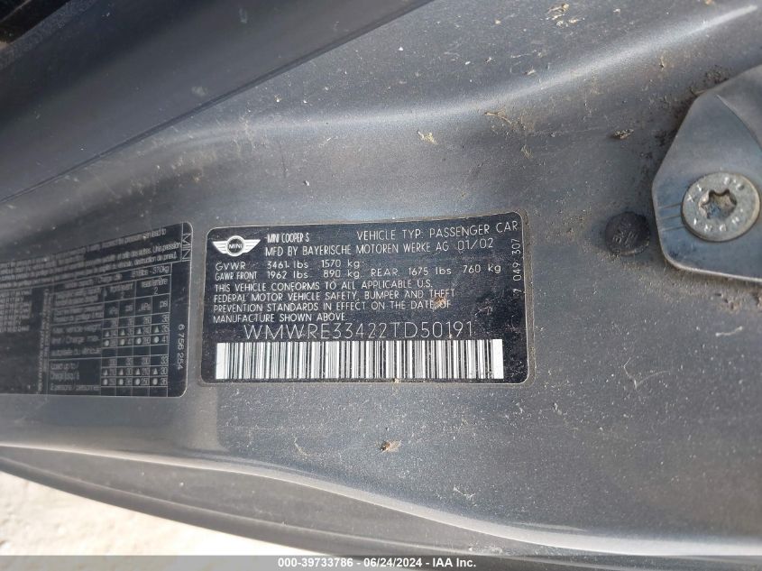 2002 Mini Cooper S VIN: WMWRE33422TD50191 Lot: 39733786