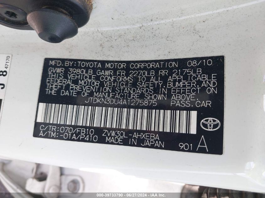 2010 Toyota Prius Iii VIN: JTDKN3DU4A1275875 Lot: 39733790
